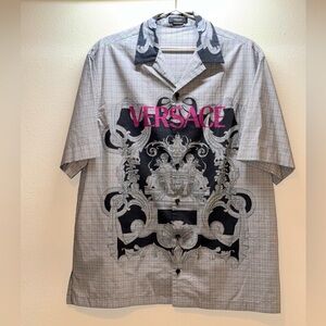 Versace Gray Plaid Short-Sleeve Button Shirt with Pink Logo and Black Graphic